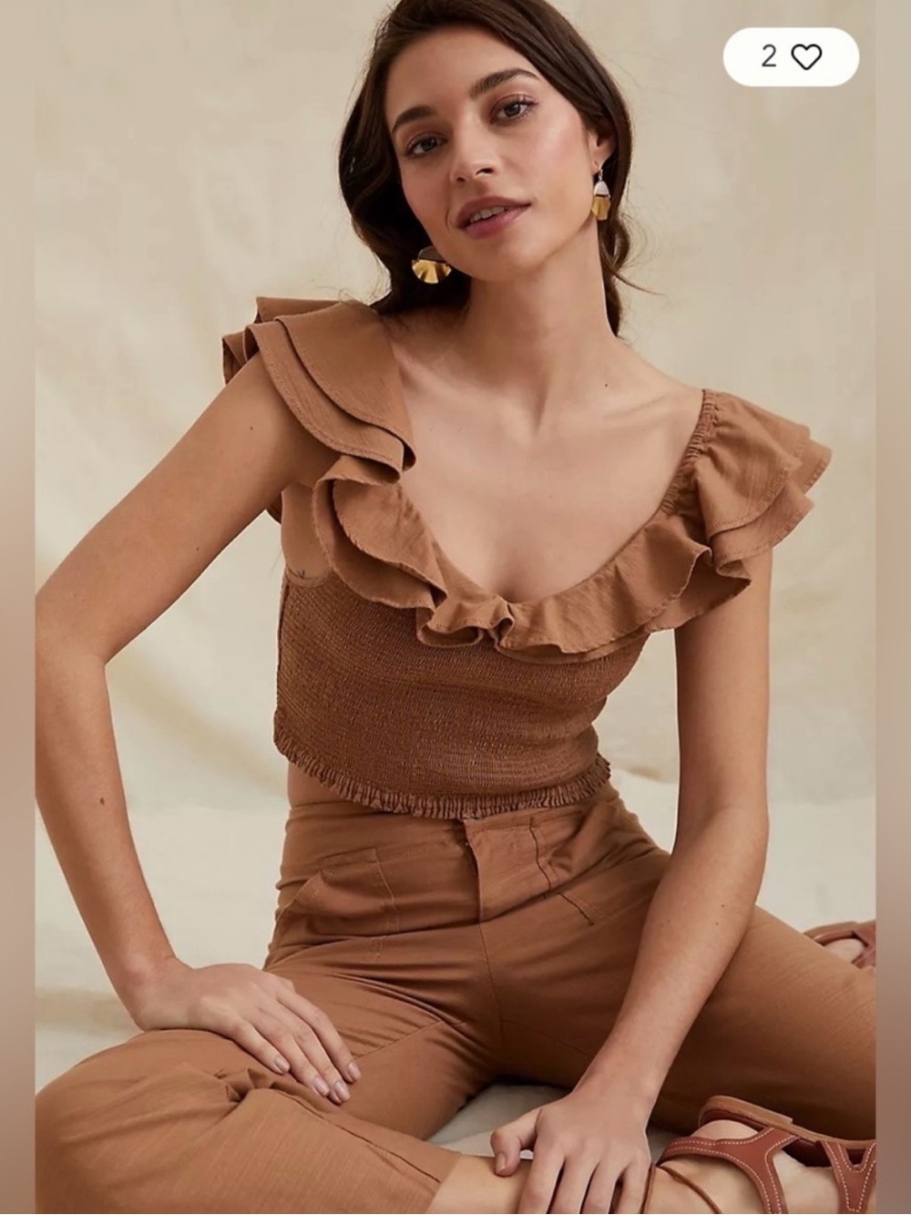 Anthropologie Ruffle-Trim Smocked Crop Top in Tan